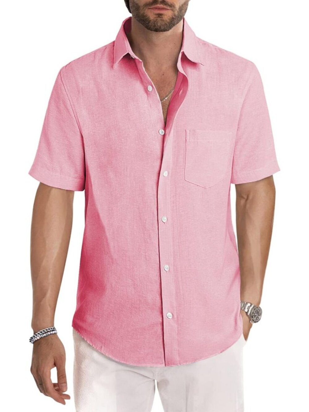 Men's Short Sleeve Pink Stylish Collared Casual Beach Button Down Shirt